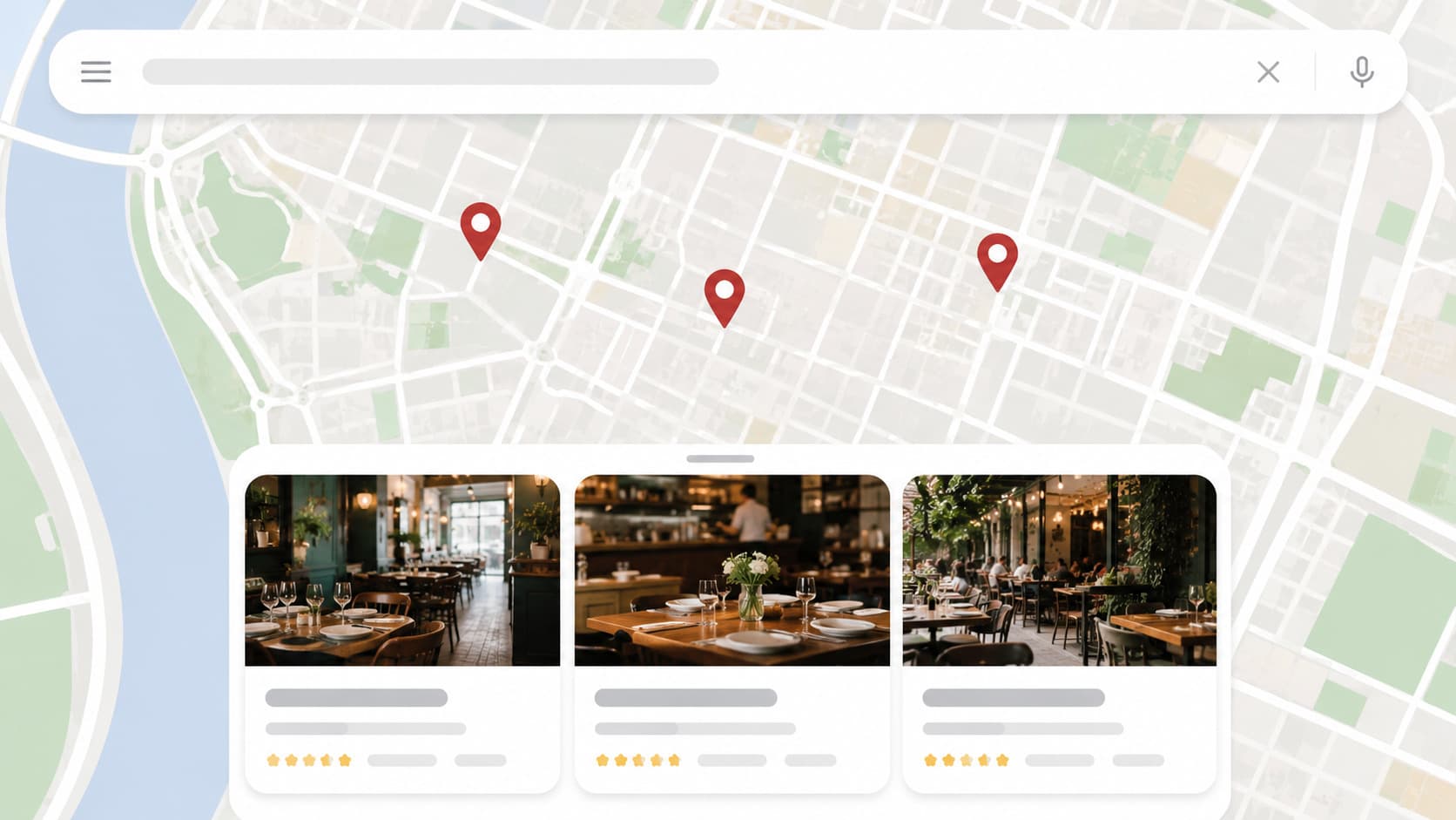Carte Google Maps avec trois restaurants en tête des résultats locaux