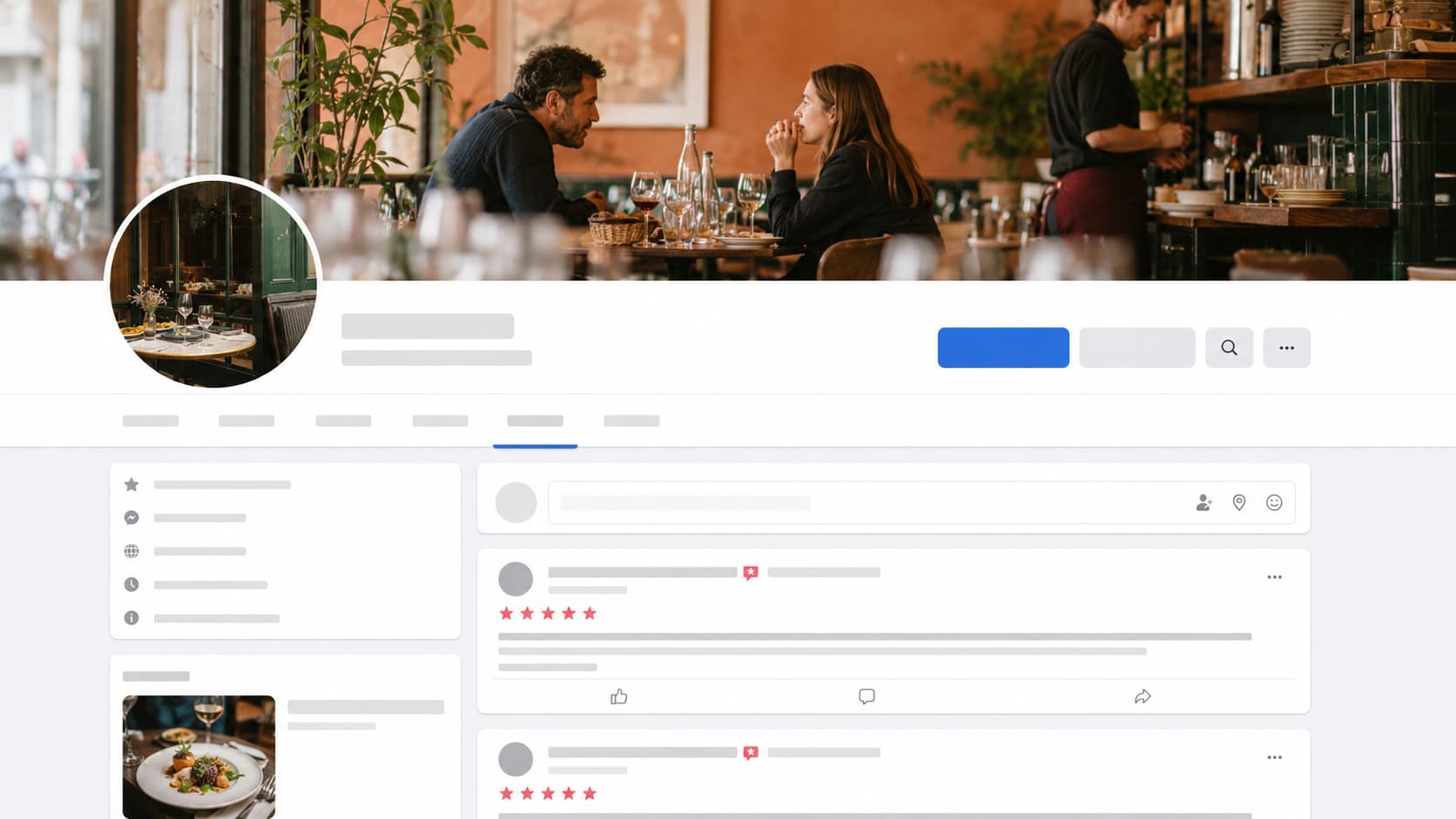 Section recommandations et avis sur la page Facebook d'un restaurant