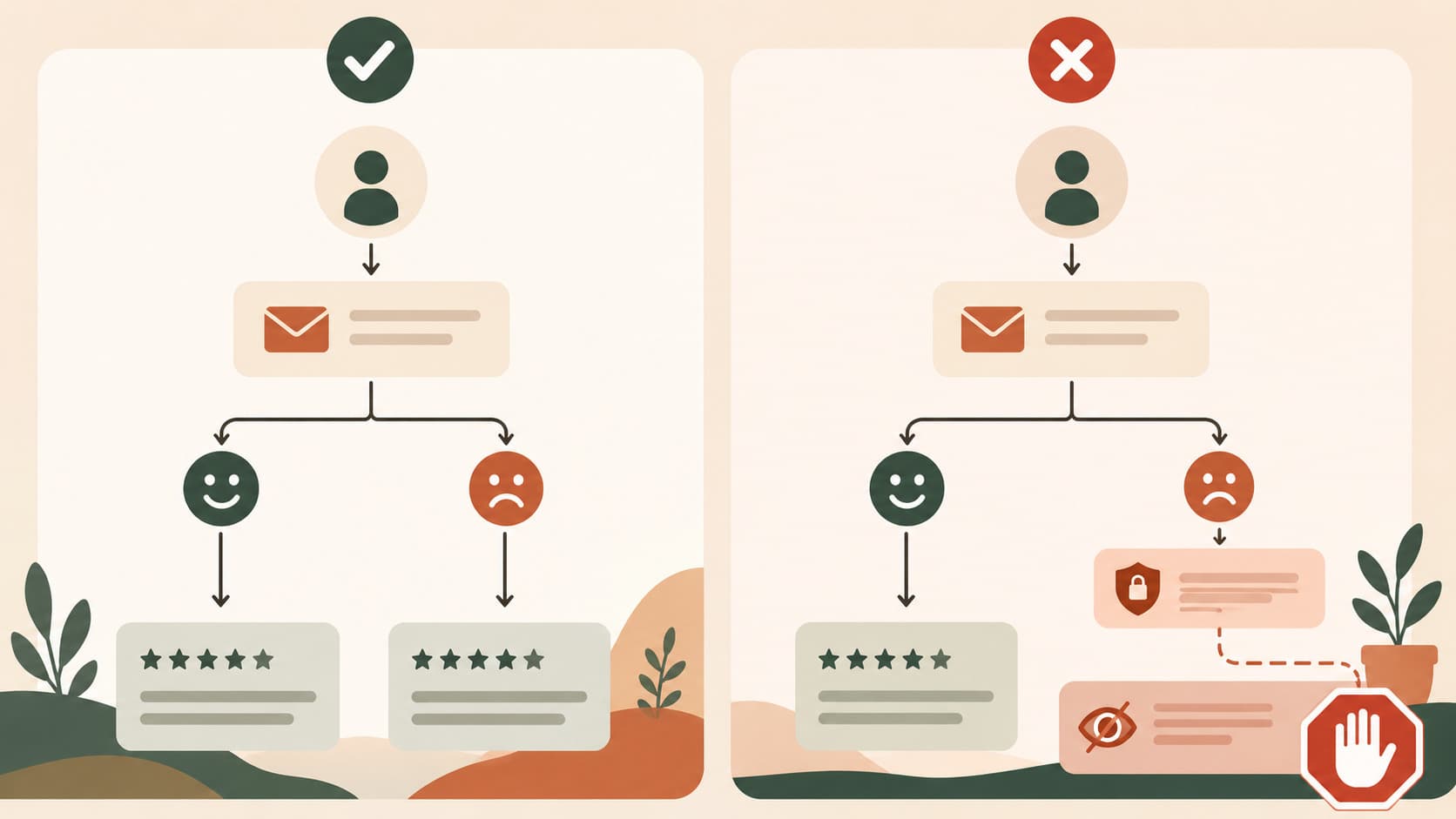 Schéma comparant un parcours d'avis conforme et un parcours de review gating interdit