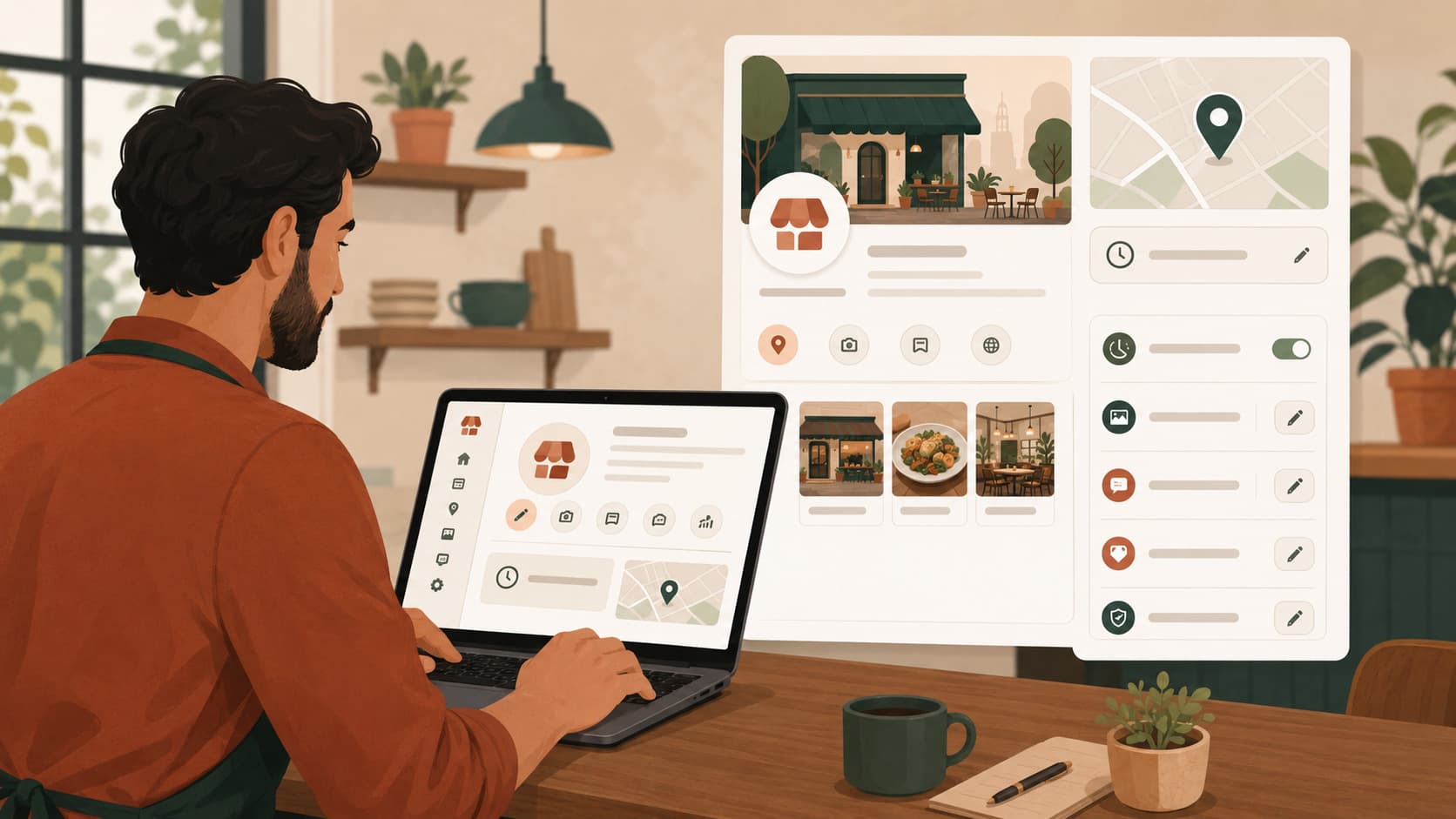 US restaurant owner updating their Google Business Profile listing on a laptop