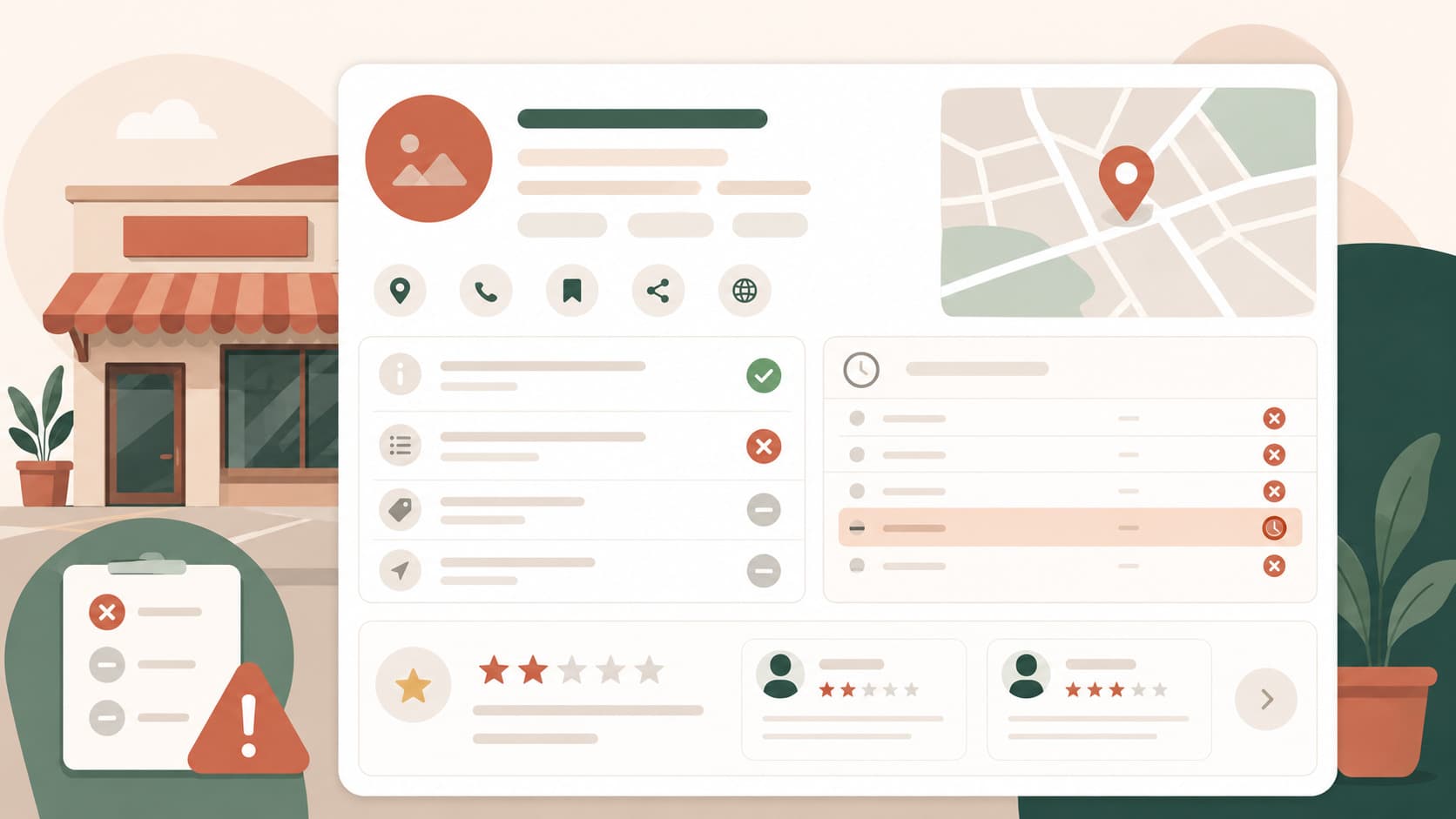 Incomplete Google Business Profile listing with incorrect hours and few recent reviews
