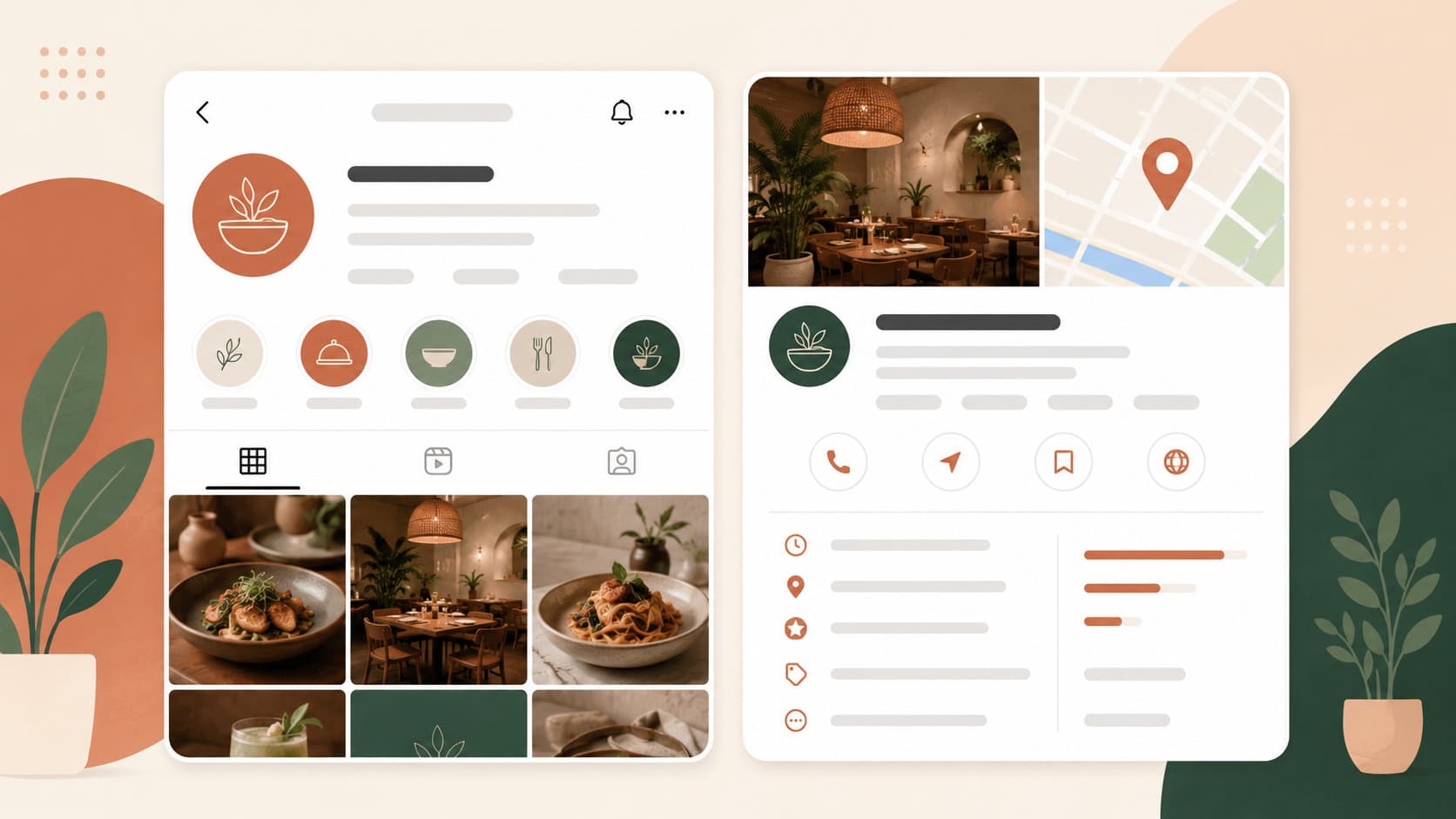 Profil Instagram d'un restaurant affiché à côté de sa fiche Google Business Profile