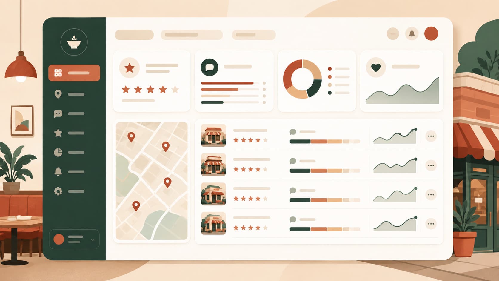 Centralized dashboard showing Google reviews across several locations of the same restaurant network