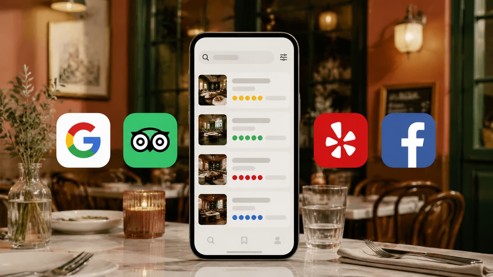 Logos des principales plateformes où un restaurant peut être référencé : Google, TripAdvisor, TheFork, Facebook