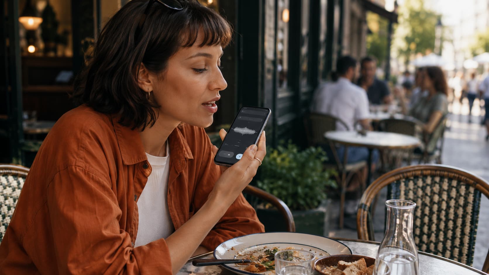 Personne utilisant un assistant vocal sur smartphone pour chercher un restaurant