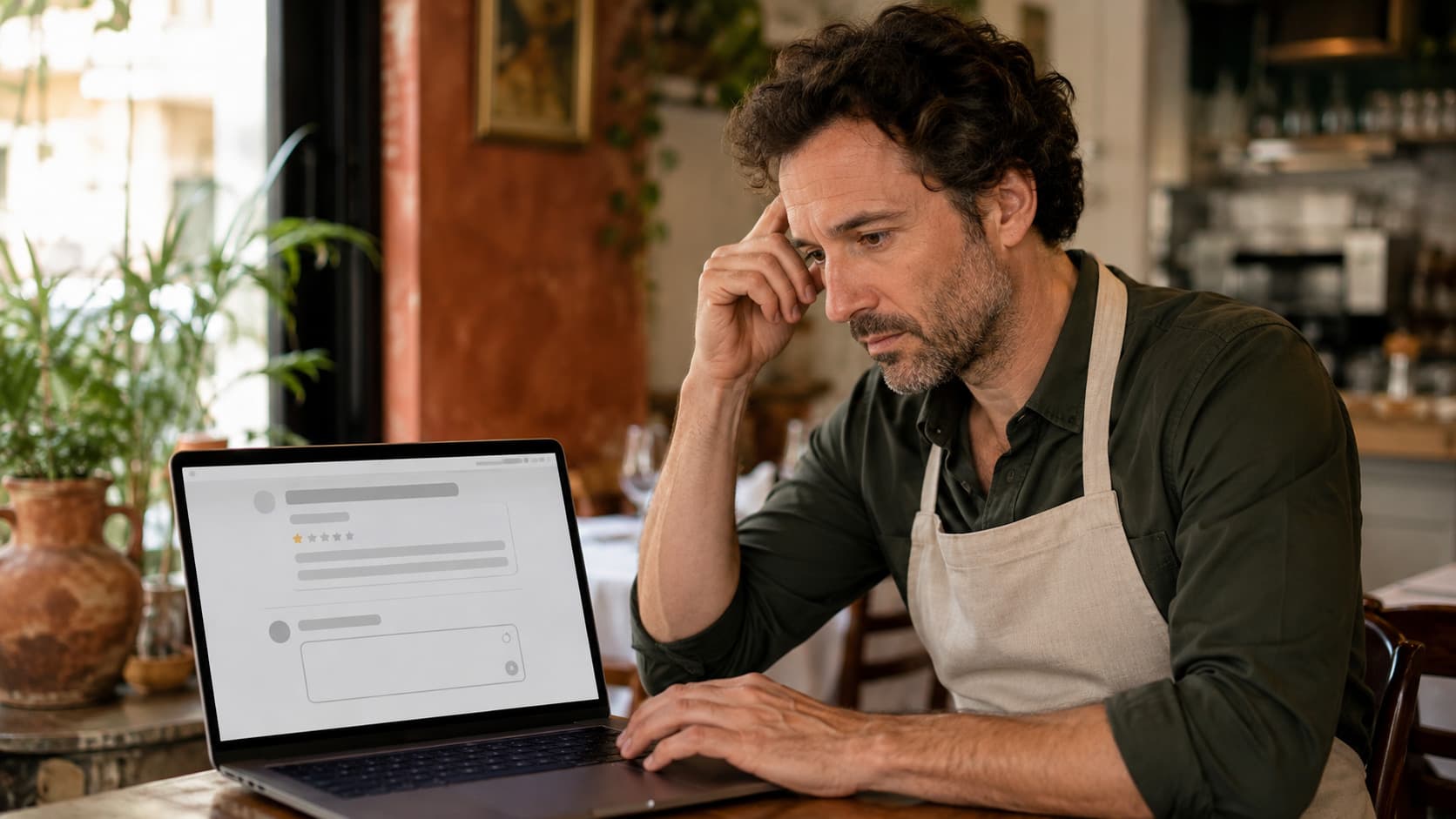 Restaurant owner typing a response to a negative review on a laptop