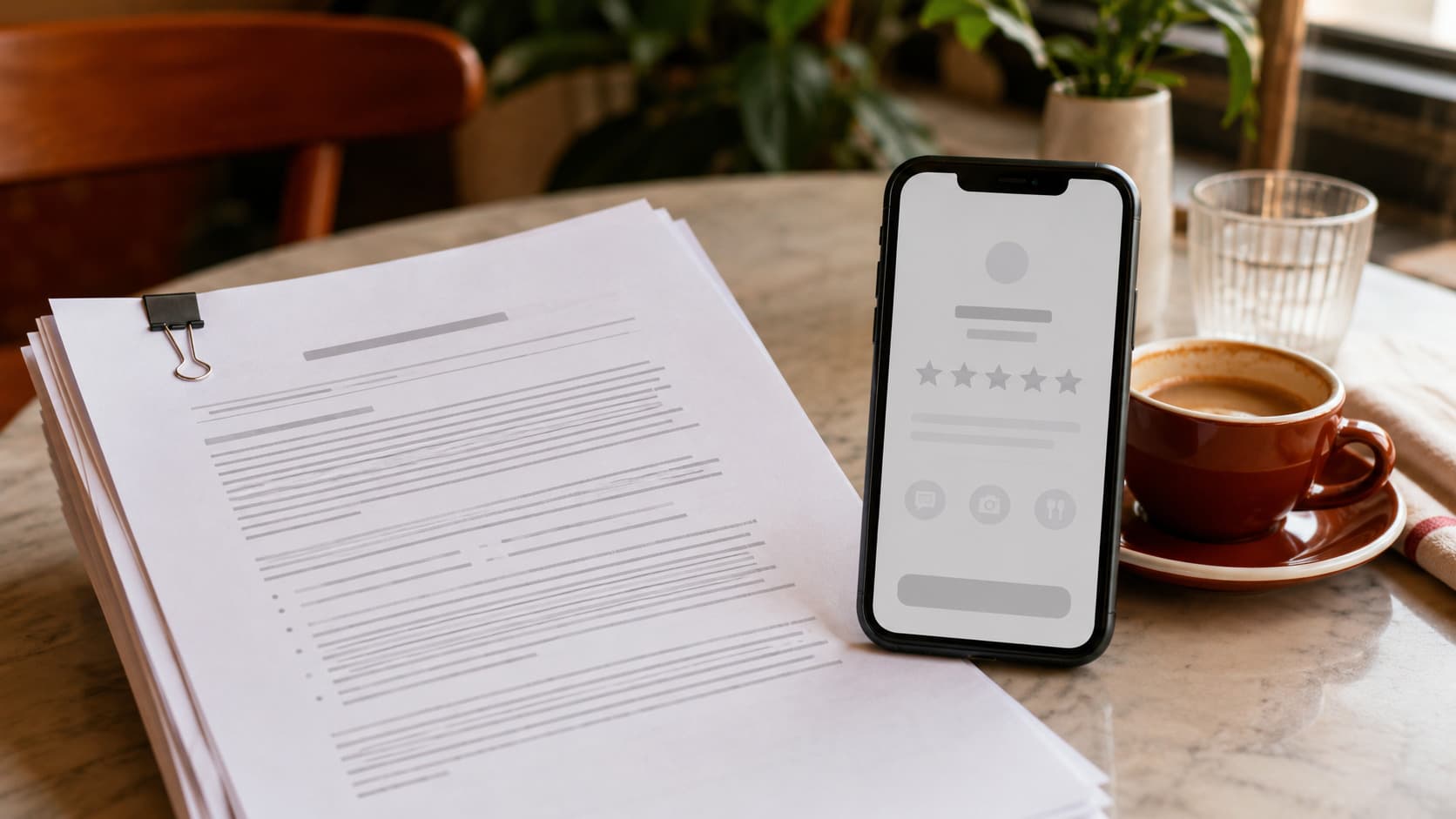 FTC Consumer Reviews and Testimonials Rule document next to a smartphone showing a restaurant review request