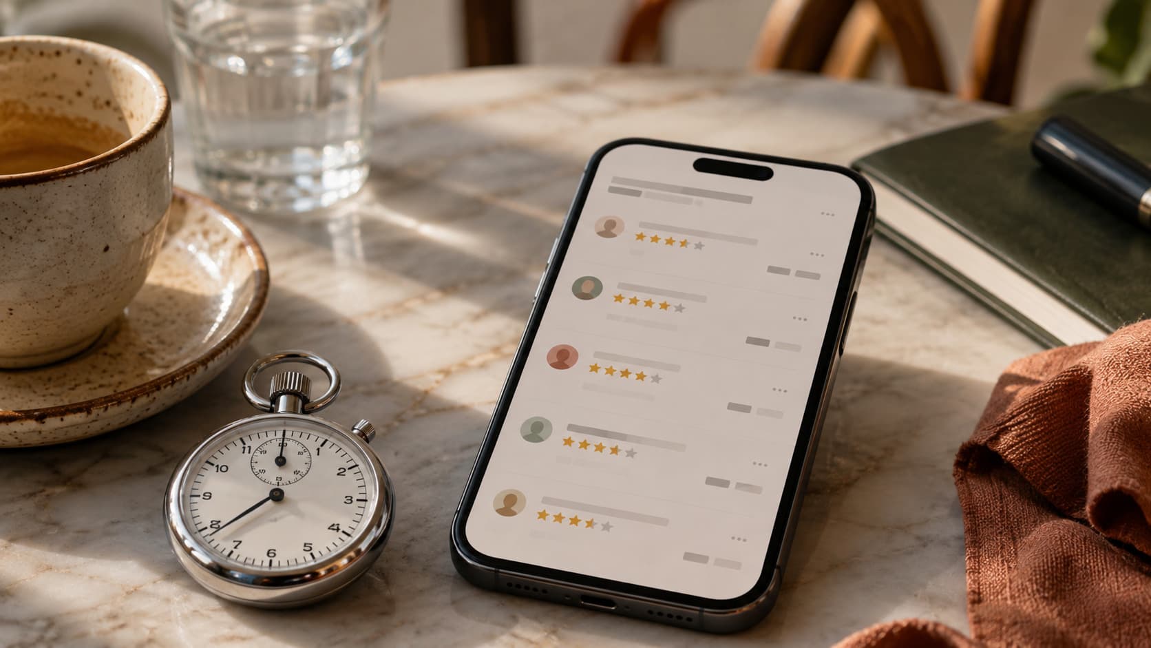 Chronomètre à côté d'une liste d'avis Google en attente de réponse
