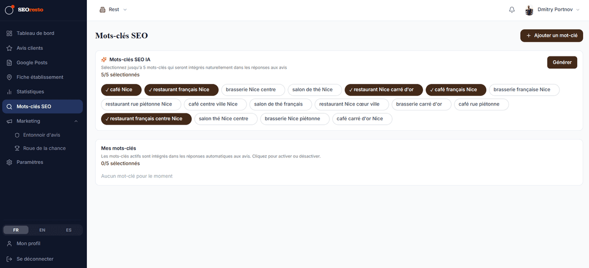 Mots-clés SEO IA — interface SEOrestoApp