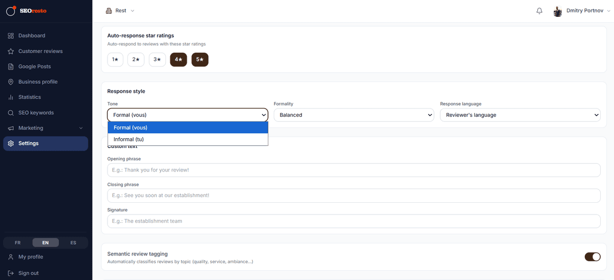 Configuration de l'entonnoir d'avis SEOrestoApp