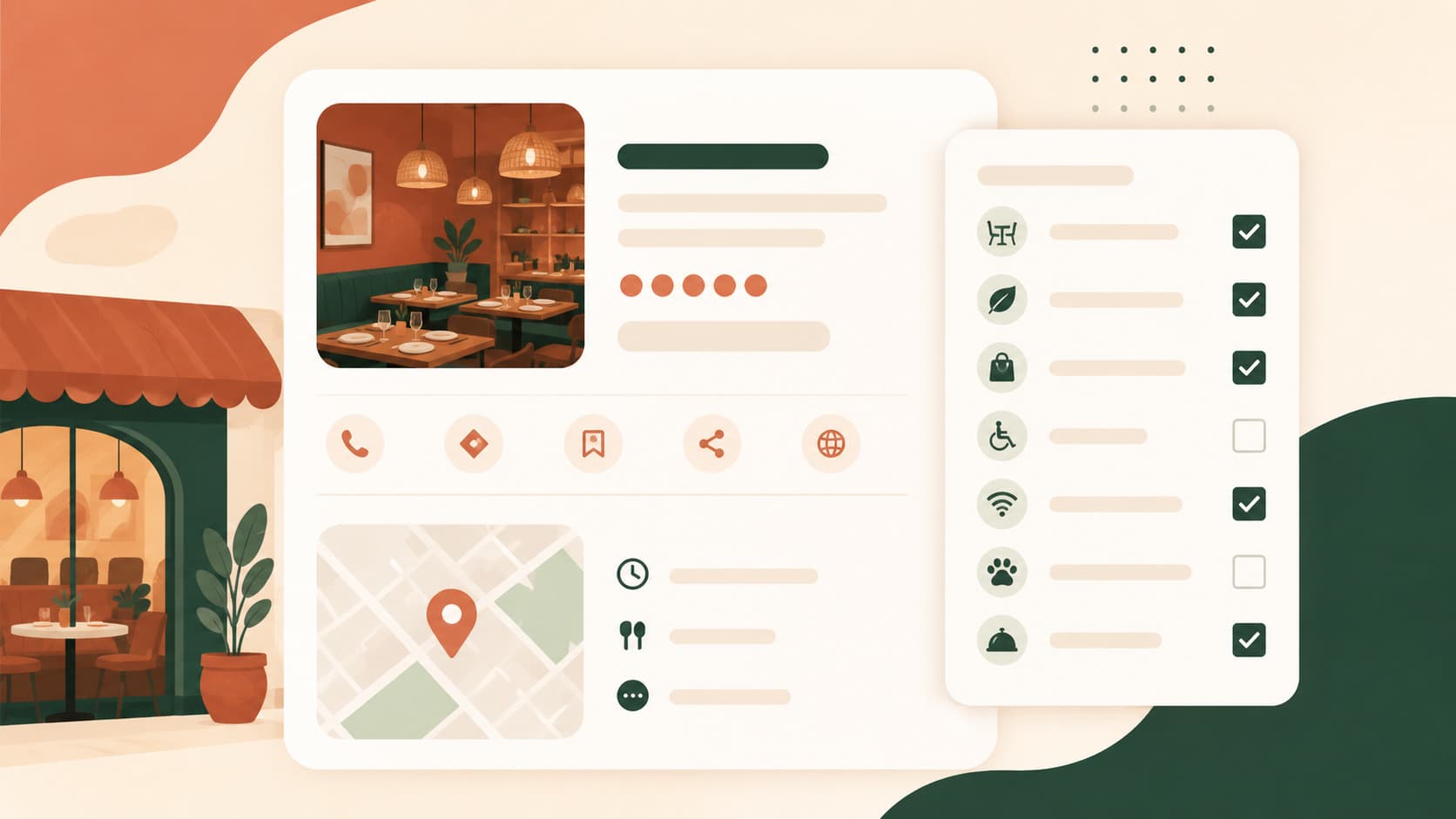 Liste d'attributs cochables sur une fiche Google Business Profile de restaurant