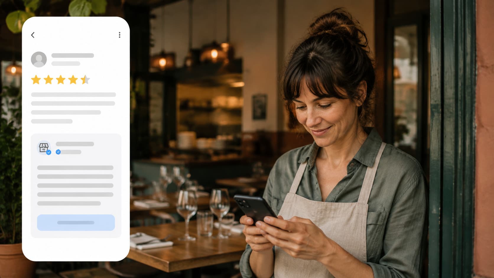 Restaurateur répondant à un avis Google depuis son téléphone