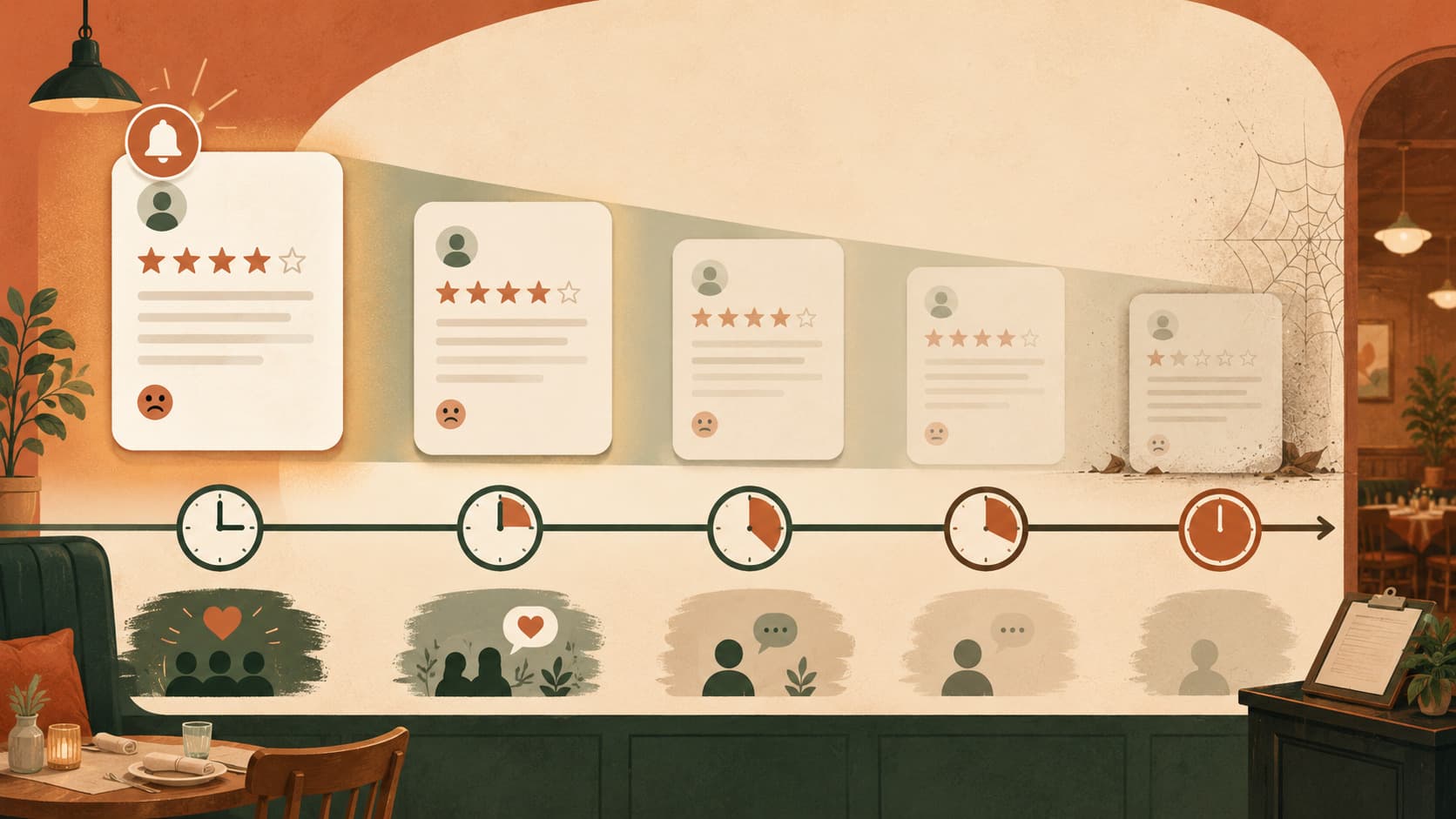 Timeline showing the declining visibility of a Google review response over time