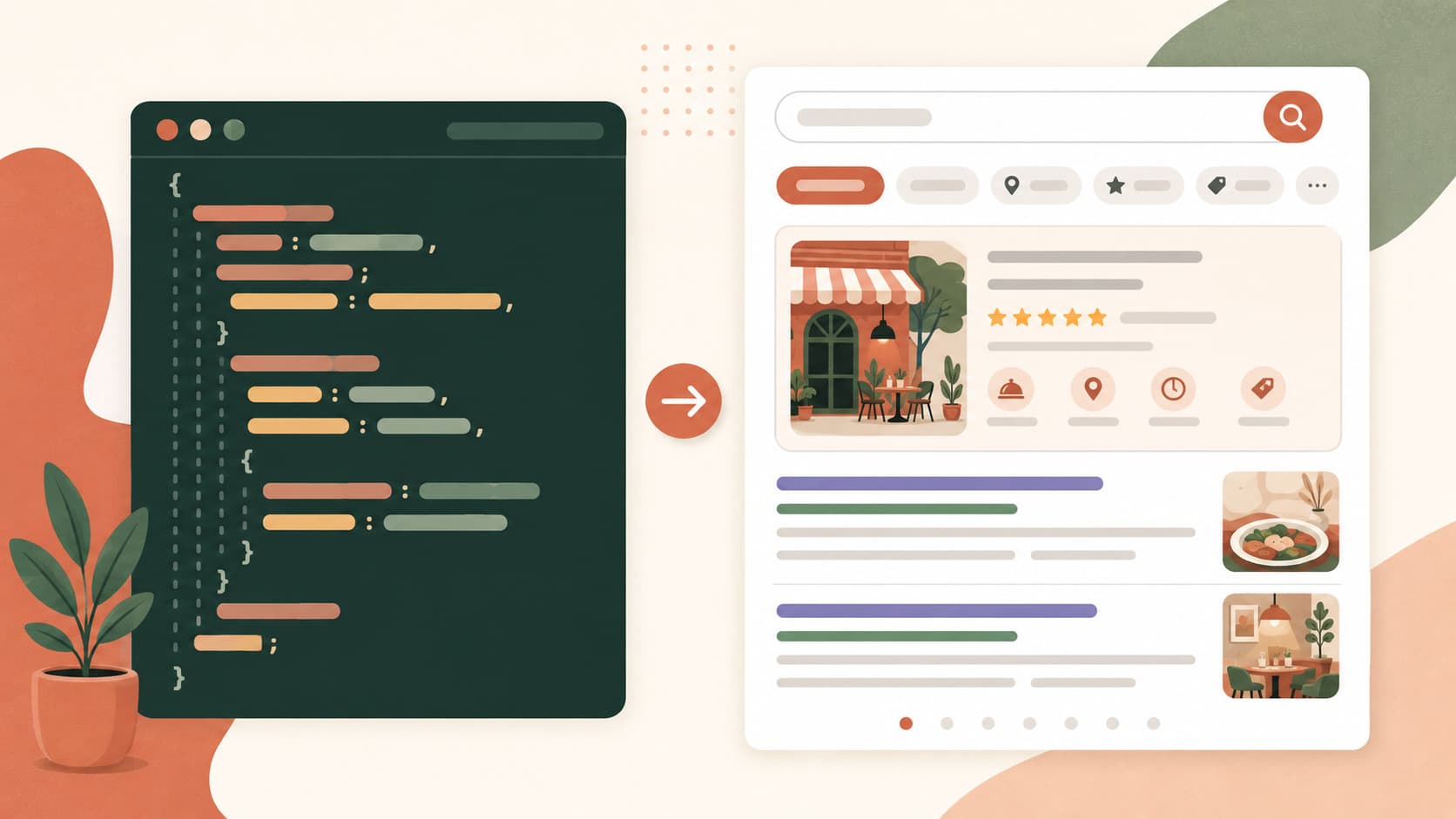 JSON-LD code snippet of type Restaurant shown next to an enriched Google search result